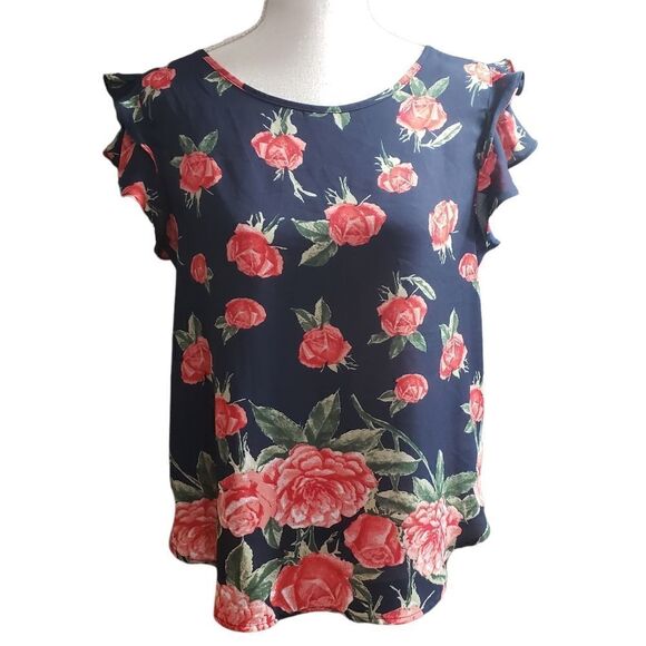 OLM Navy Res Roses Print Sheer Double Layer Ruffle Sleeves Sz M - Picture 1 of 12